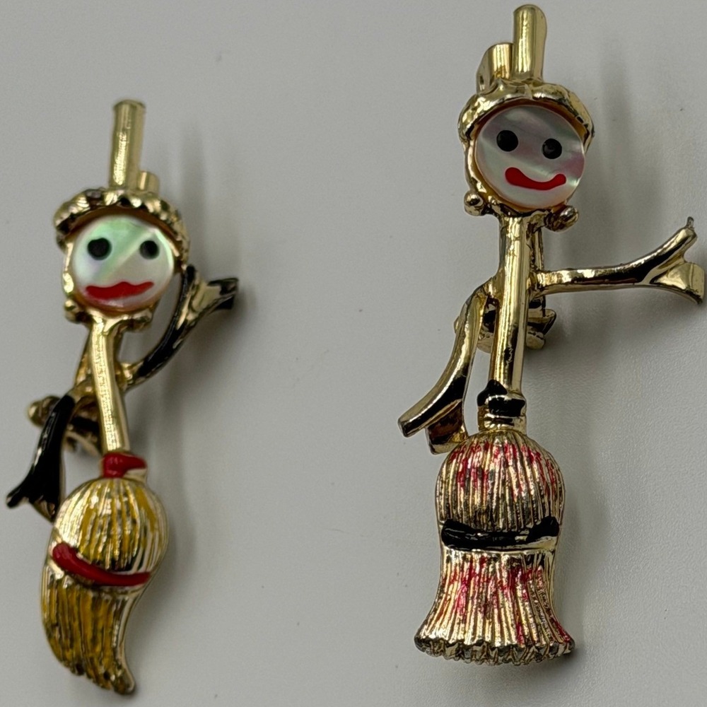 Vtg Anthropomorphic Broom Character Brooch Set Mother of Pearl Face Enamel Pins